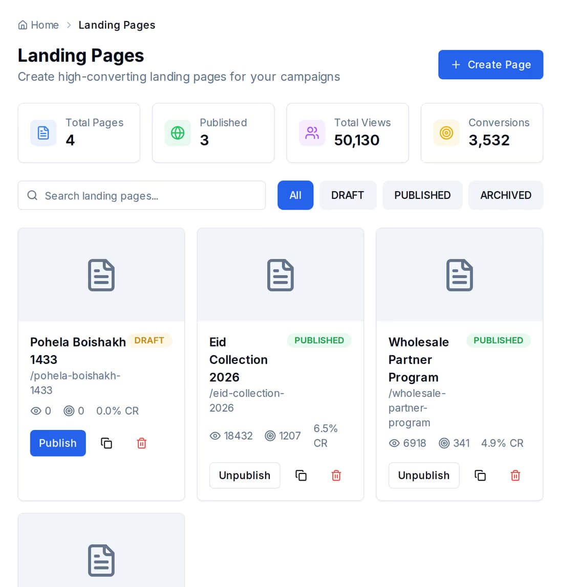 Landing pages listed with their published web addresses and their real view and conversion counts.
